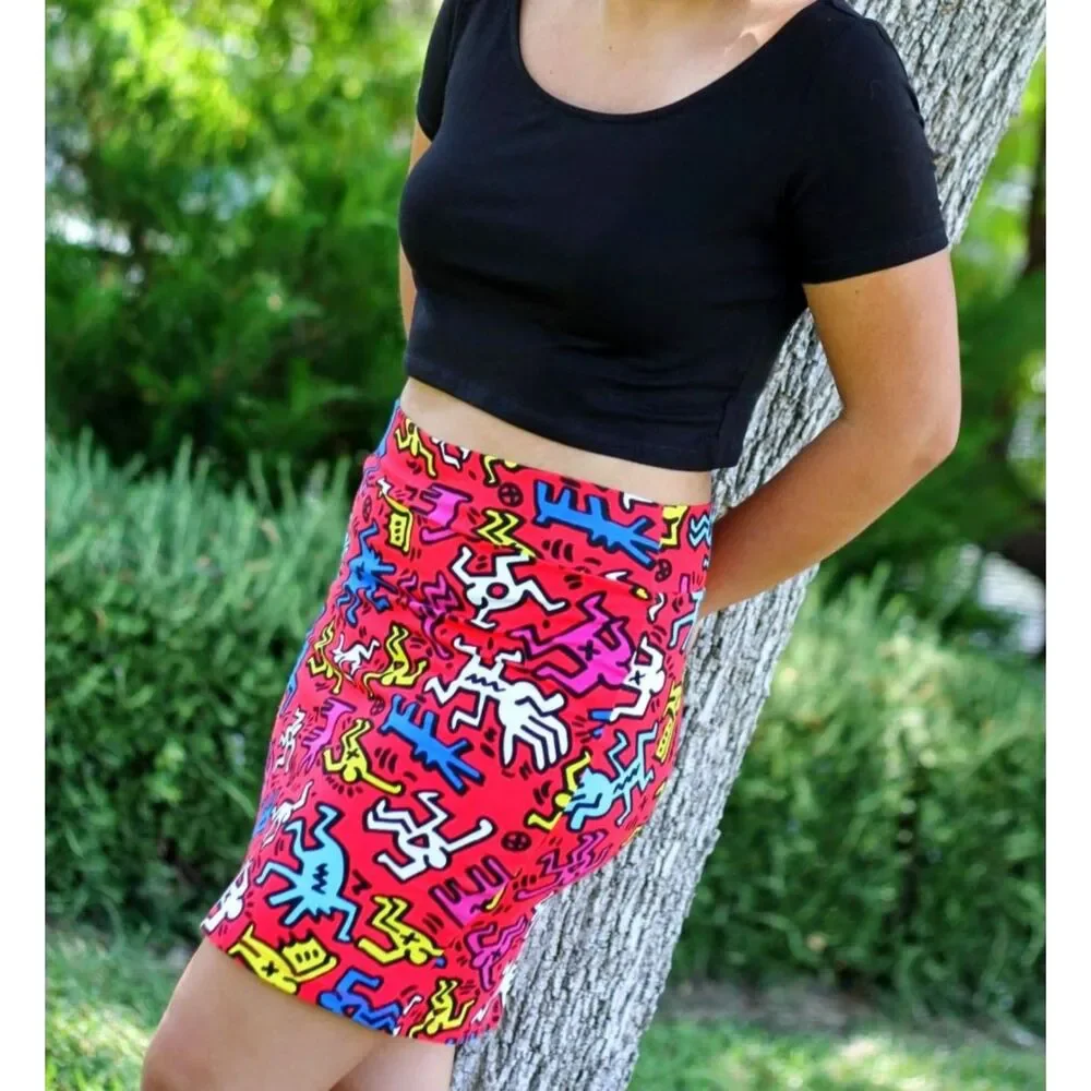 KEITH HARING X FOREVER 21 RED ELASTIC MINI SKIRT MONOGRAM
